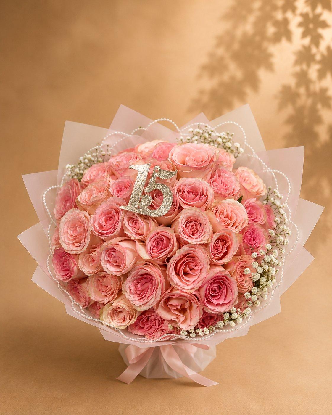 Pink and white rose bouquet with a quinceañera charm and pink ribbon